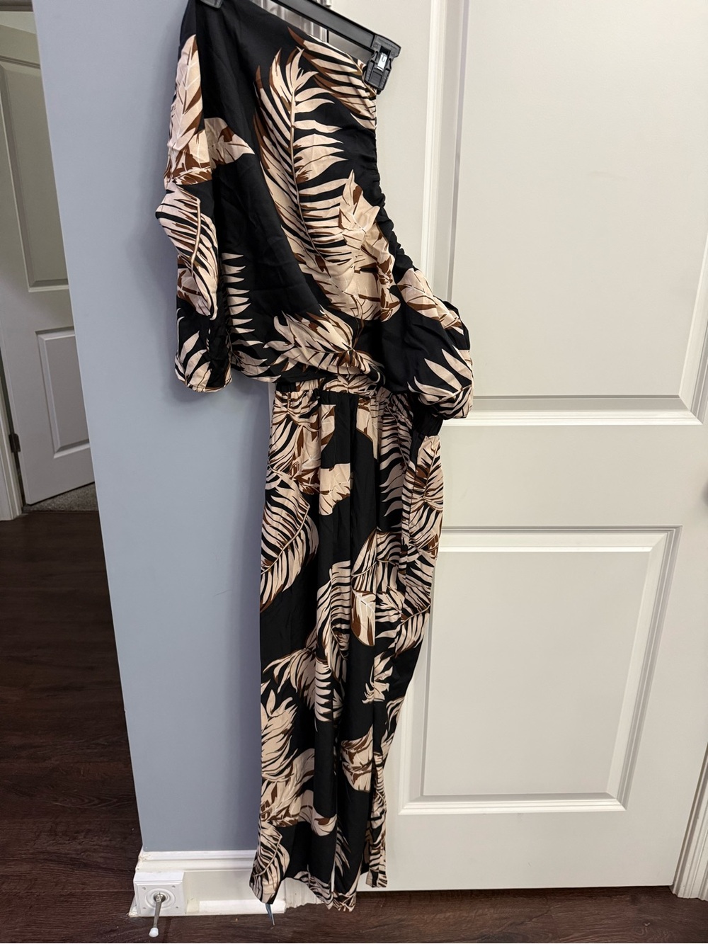 Cupshe Black and Beige Tropical Print Off-Shoulder Jumpsuit